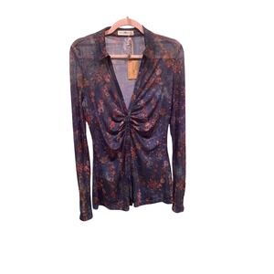 Natural Life Womens Mesh Floral Long Sleeve Button Up Shirt Top Size L